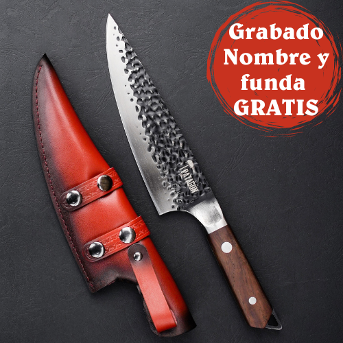 MONTAÑÉS - Cuchillo Chef inox. 3 capas hoja 20 cm Martillado PATAGÓN + Funda reforzada GRATIS