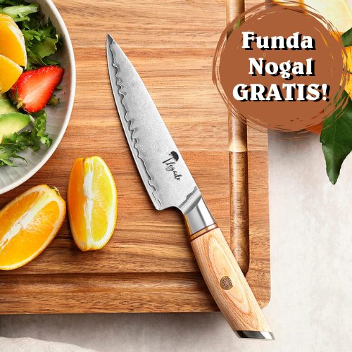 ANDES - Cuchillo Mini Chef hoja 13 cm Damasco 3 capas LEGADO + funda nogal GRATIS